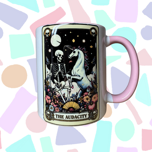 'The Audacity' Tarot Card- Funny Mug! Skeleton & Unicorns!