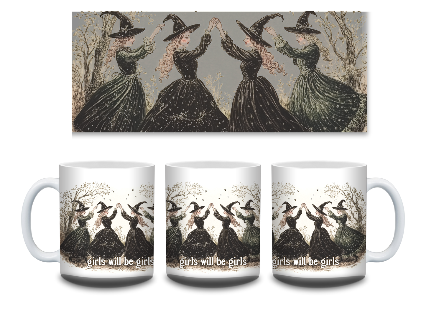 Vintage Witch Mug – “Girls Will Be Girls” | Feminist Gothic Aesthetic Coffee Cup