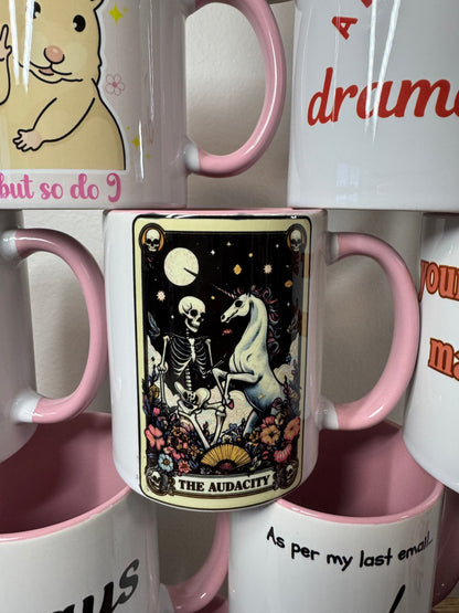 'The Audacity' Tarot Card- Funny Mug! Skeleton & Unicorns!